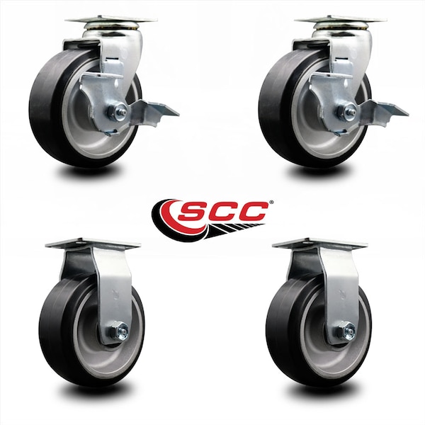 5 Inch Rubber on Aluminum Caster Set with Roller Bearings 2 Brakes 2 Rigid